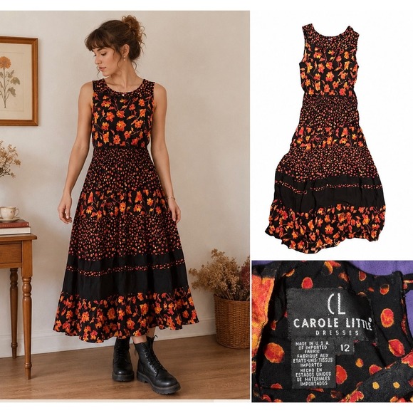 Carole Little Dresses & Skirts - Carole Little Vtg 90s Floral Polka Dot Smocked Tiered Maxi Dress Black Orange